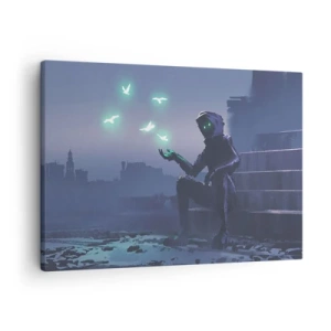 Schilderen op canvas - Een figuur met kap en magische vogels op de achtergrond van een stad - 70x50cm - Het leven komt terug - Moderne wanddecoratie voor woonkamer en slaapkamer ARTTOR
