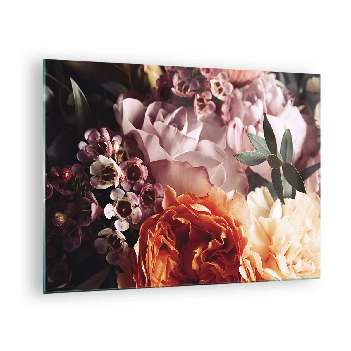 Schilderen op glas - Een close-up van een compositie van rozen, anjers en kleine bloemen. - 70x50cm - Gehuld in schoonheid - Moderne wanddecoratie voor woonkamer en slaapkamer ARTTOR