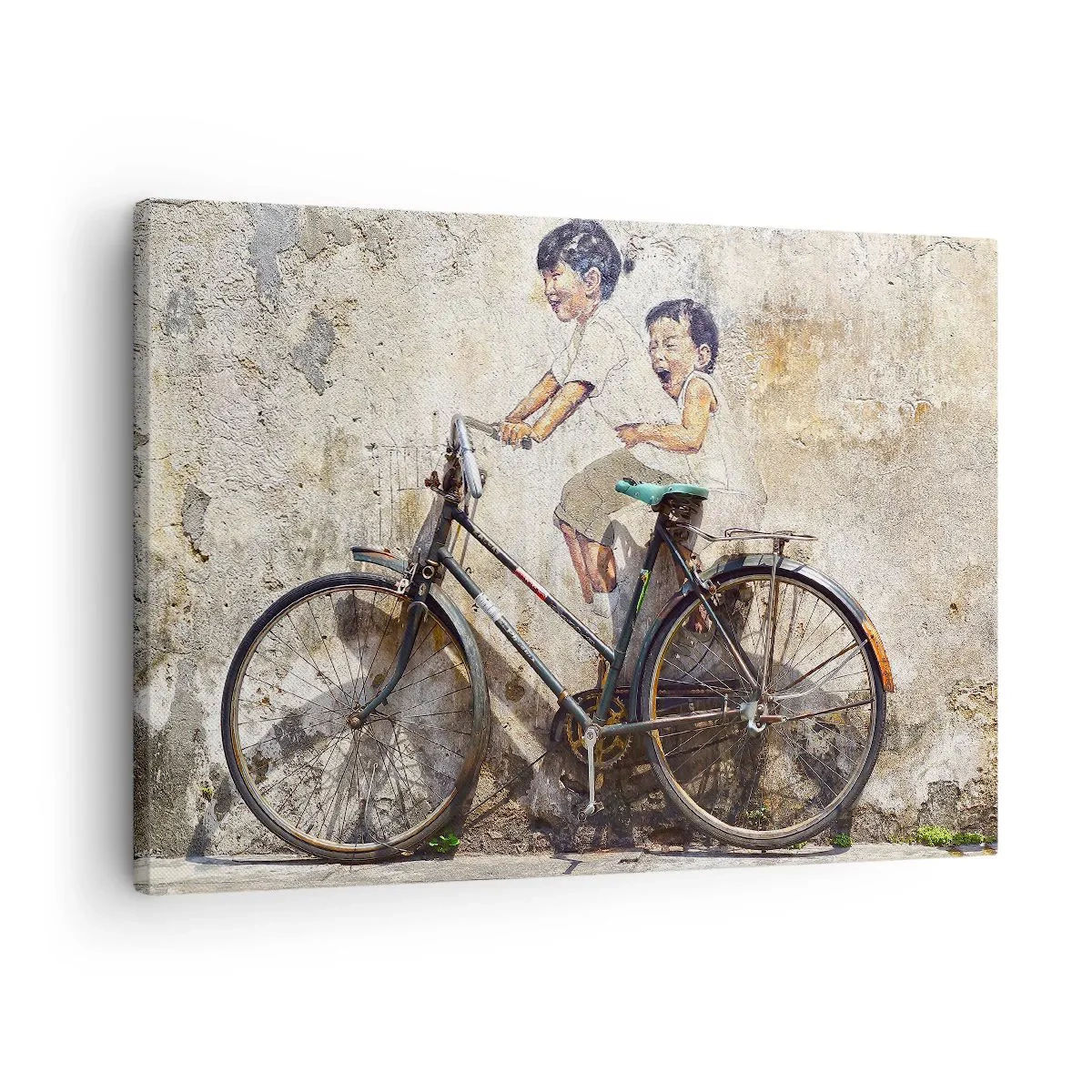 Schilderen op canvas - Straatkunst met een fiets en kindertekeningen aan de muur - 70x50cm - Waar of niet waar? - Moderne wanddecoratie voor woonkamer en slaapkamer ARTTOR