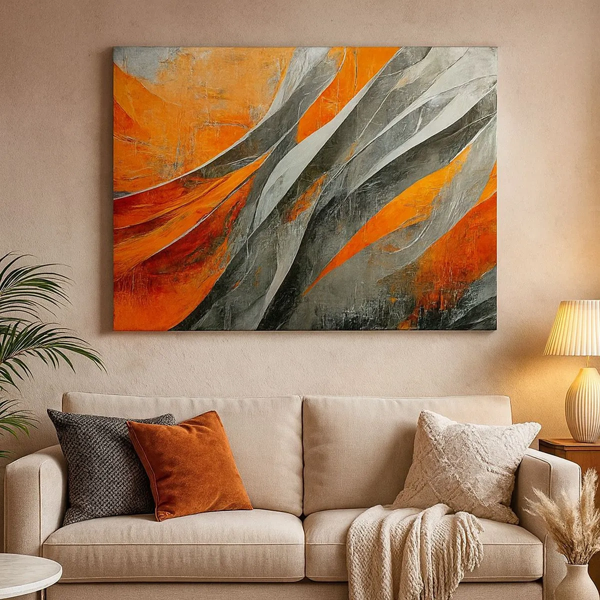 Schilderen op canvas - Abstracte lijnen in tinten oranje en grijs - 70x50cm - Hitte en koude - Moderne wanddecoratie voor woonkamer en slaapkamer ARTTOR