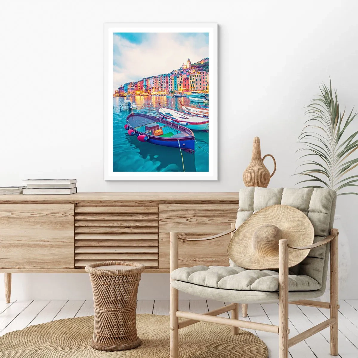 Poster in een witte lijst - Kleurrijke avond in de haven - 40x50 cm