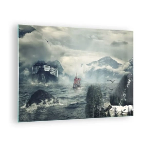 Schilderen op glas - Een schip op een stormachtige zee met een kasteel op de achtergrond - 70x50cm - In magische wateren - Moderne wanddecoratie voor woonkamer en slaapkamer ARTTOR