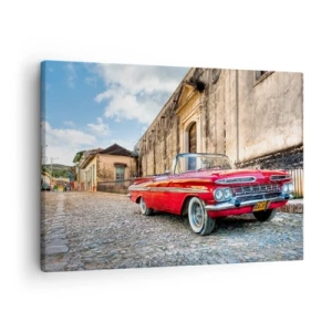 Schilderen op canvas - Rode klassieke auto op een geplaveide straat - 70x50cm - Cubaanse emoties - Moderne wanddecoratie voor woonkamer en slaapkamer ARTTOR