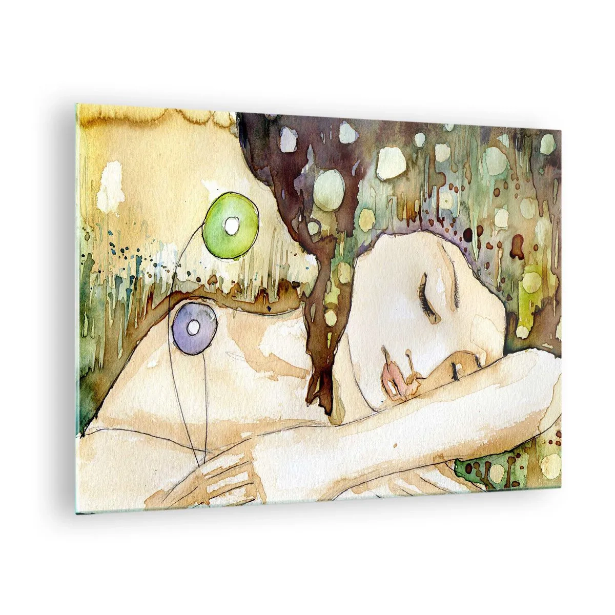 Schilderen op glas - Een slapende vrouw op een artistiek aquarelschilderij in warme kleuren. - 70x50cm - Een smaragd-violette droom - Moderne wanddecoratie voor woonkamer en slaapkamer ARTTOR