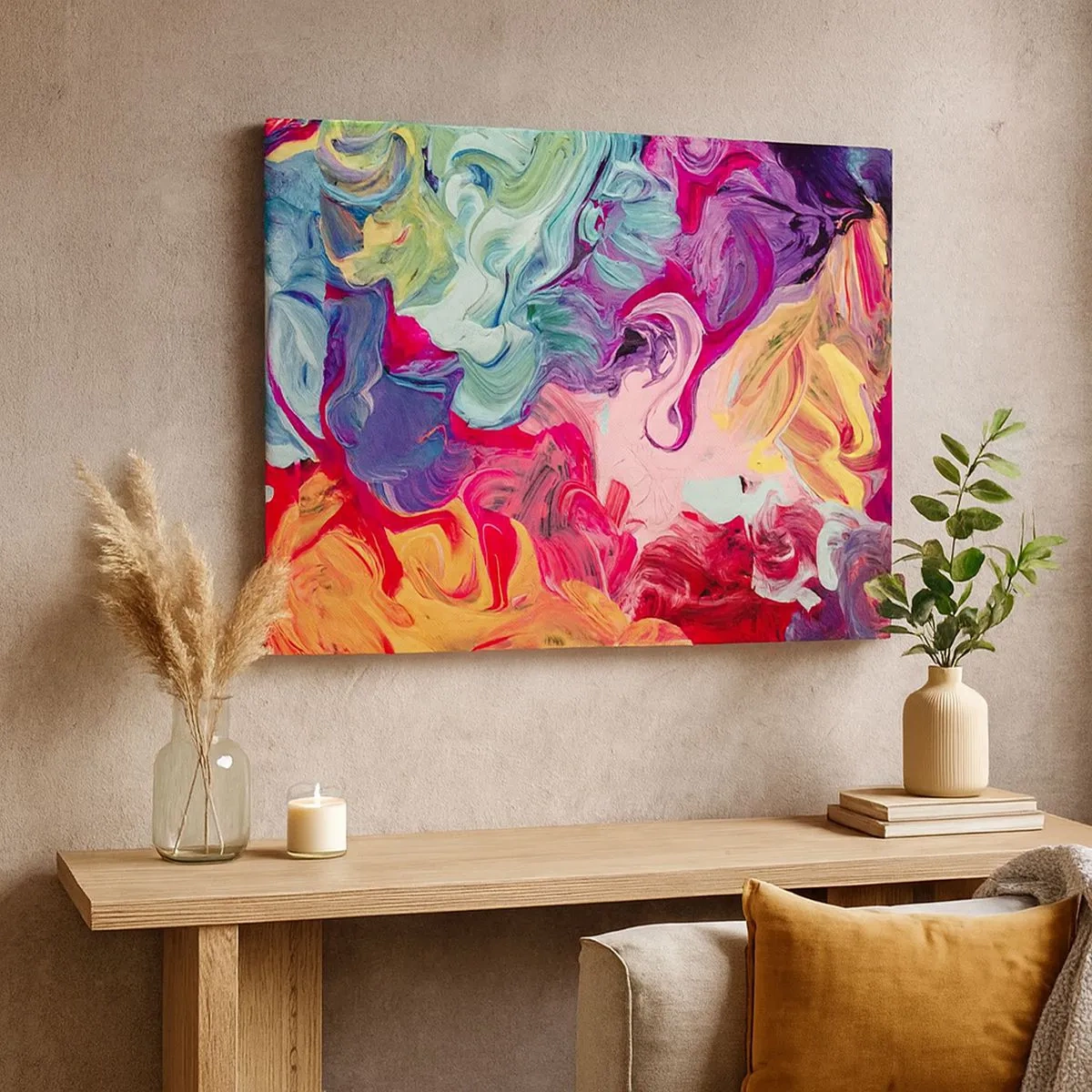 Schilderen op canvas - Een abstracte compositie met levendige, wervelende kleuren en een dynamische structuur. - 70x50cm - De geboorte van kleuren - Moderne wanddecoratie voor woonkamer en slaapkamer ARTTOR