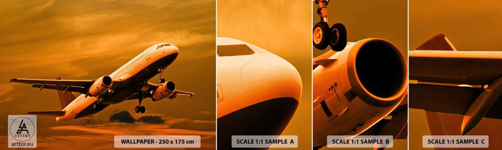 Fotobehang Monster Zelfklevend Deluxe Sticker - Vlucht naar de zon - Vliegtuig, Reis, Zonsondergang - 100x30 cm