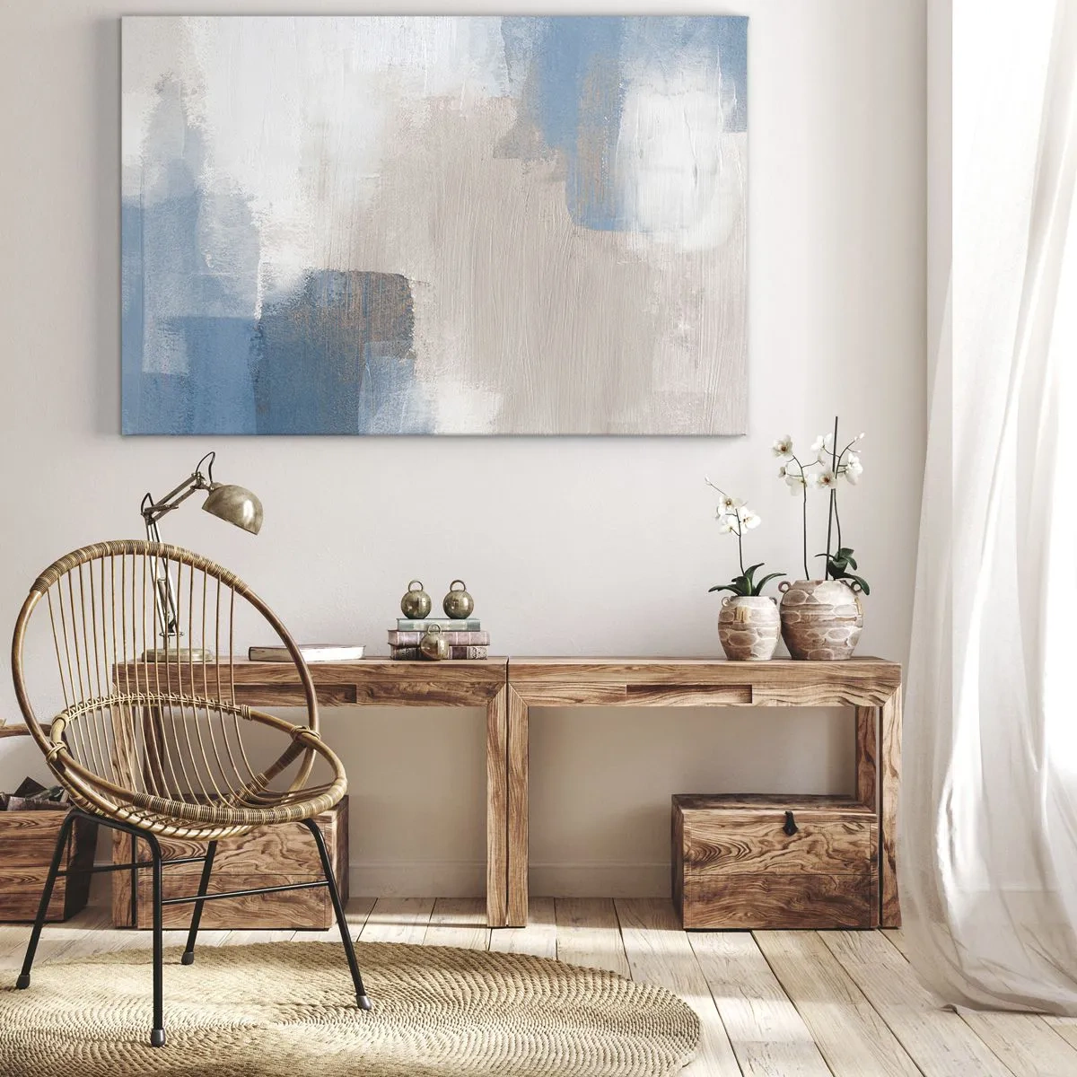 Schilderen op canvas - Roze abstractie achter een blauw gordijn - 120x80 cm