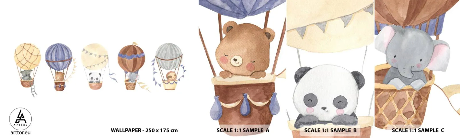 Fotobehang Staaltje Standard Eco - Vrienden onderweg - Ballonnen, Dieren, Kinderen - 100x30 cm