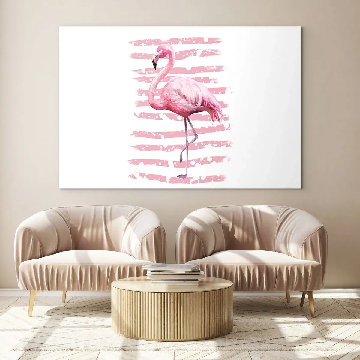 Schilderen op glas - Een roze flamingo tegen een achtergrond van artistieke roze strepen. - 70x50cm - Met waardigheid, hoewel in het roze - Moderne wanddecoratie voor woonkamer en slaapkamer ARTTOR