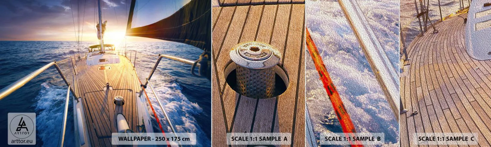 Fotobehang Monster Premium Sand - Lopend op de golven - Zeiljacht, Zee, het zeilen - 100x30 cm