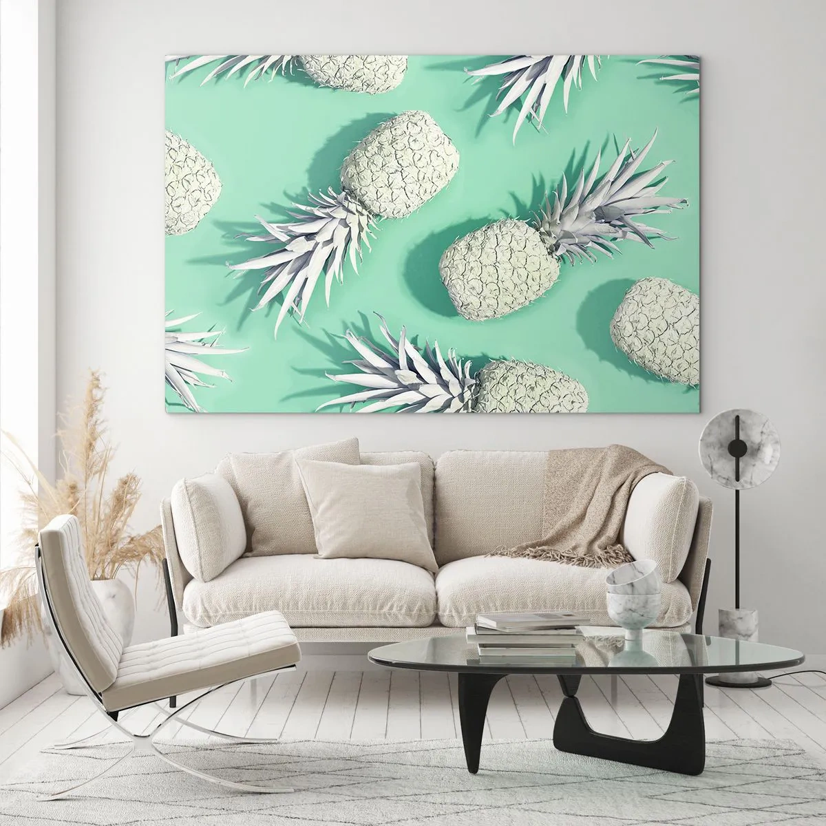 Schilderen op glas - Witte ananas op een muntachtergrond in een artistieke compositie - 70x50cm - Het gaat goed met munt - Moderne wanddecoratie voor woonkamer en slaapkamer ARTTOR