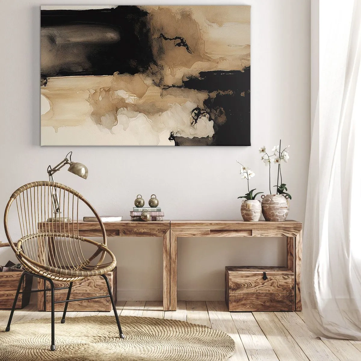 Schilderen op canvas - Abstracte compositie in tinten bruin en zwart - 70x50cm - Intrigerende abstractie - Moderne wanddecoratie voor woonkamer en slaapkamer ARTTOR