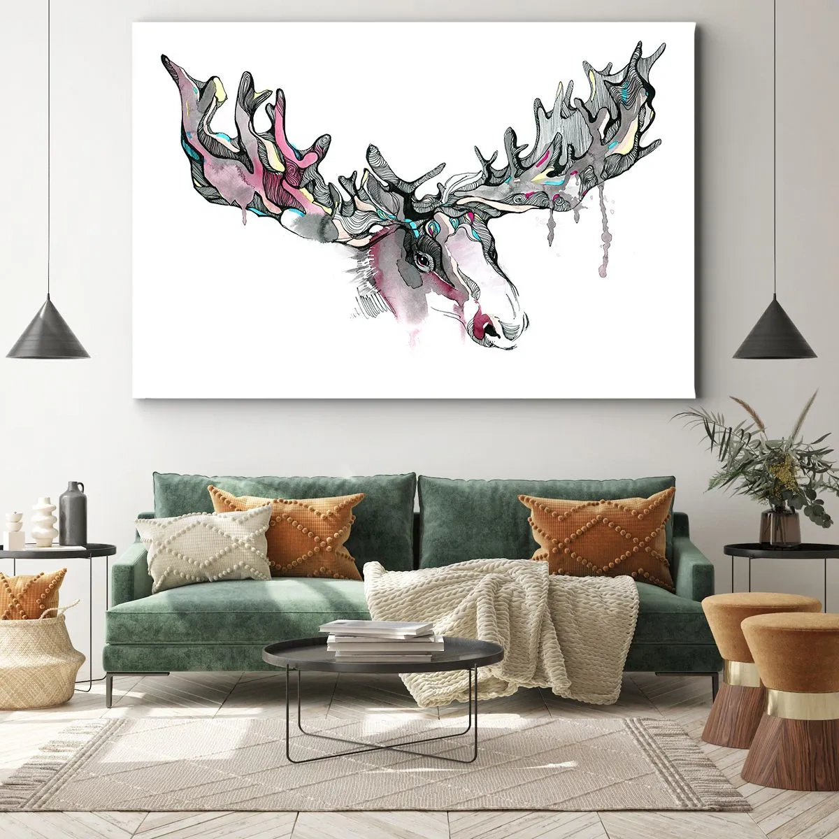 Schilderen op canvas - Artistieke aquarel van een eland met rijke geweien - 70x50cm - Kroon van de boskoning - Moderne wanddecoratie voor woonkamer en slaapkamer ARTTOR