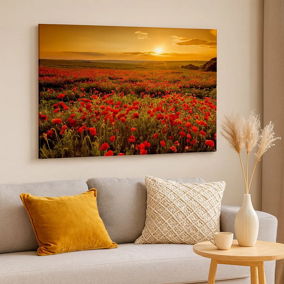Schilderen op canvas - Een veld met rode klaprozen in de gloed van de ondergaande zon - 70x50cm - Tussen de golven van ruisende weiden, tussen de bloemen van de vloed - Moderne wanddecoratie voor woonkamer en slaapkamer ARTTOR