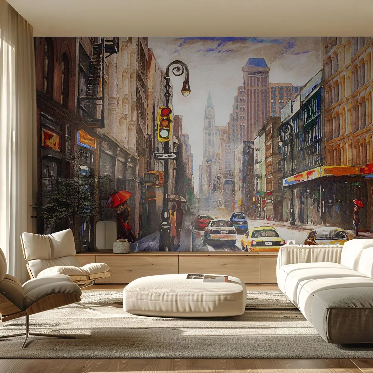 Fotobehang Premium Sand - New York - ook kleurrijk in de regen - New York, Stad, Manhattan - 100x70 cm