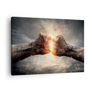 Schilderen op canvas - Gebalde vuisten in een dynamische vuurscène - 70x50cm - Sta op voor een gevecht - Moderne wanddecoratie voor woonkamer en slaapkamer ARTTOR