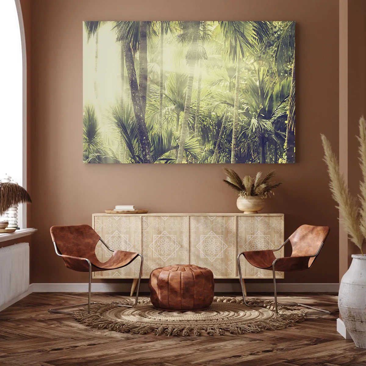 Schilderen op canvas - Zonnestralen in een tropisch palmenbos - 70x50cm - In groene hitte - Moderne wanddecoratie voor woonkamer en slaapkamer ARTTOR