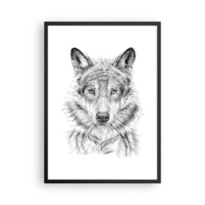 Poster in een zwarte lijst - Gedetailleerde tekening van een wolf in zwart-witstijl - 50x70cm - Een geboren leider - Moderne wanddecoratie voor woonkamer en slaapkamer ARTTOR