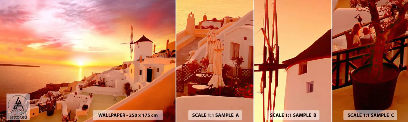 Fotobehang Staaltje Standard Eco - Spreiden in wit en goud  - Landschap, Santorini, Griekenland - 100x30 cm