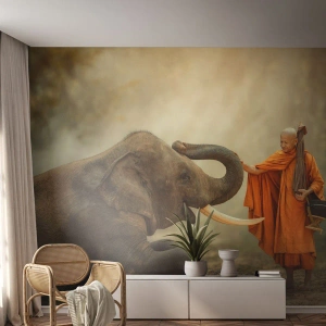 Fotobehang op maat Premium Sand - Ontmoeting tijdens een reis - Azië, Olifant, Monnik