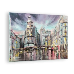 Schilderen op glas - Een stadsstraat in de regen met een spectaculaire weerspiegeling van de lichten - 70x50cm - Het wordt een geslaagde avond - Moderne wanddecoratie voor woonkamer en slaapkamer ARTTOR