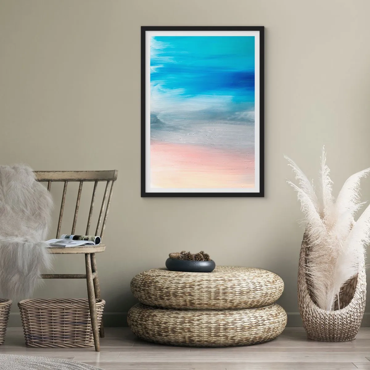 Poster in een zwarte lijst - Een abstracte compositie in tinten blauw, grijs en beige. - 50x70cm - Elementen: lucht - Moderne wanddecoratie voor woonkamer en slaapkamer ARTTOR