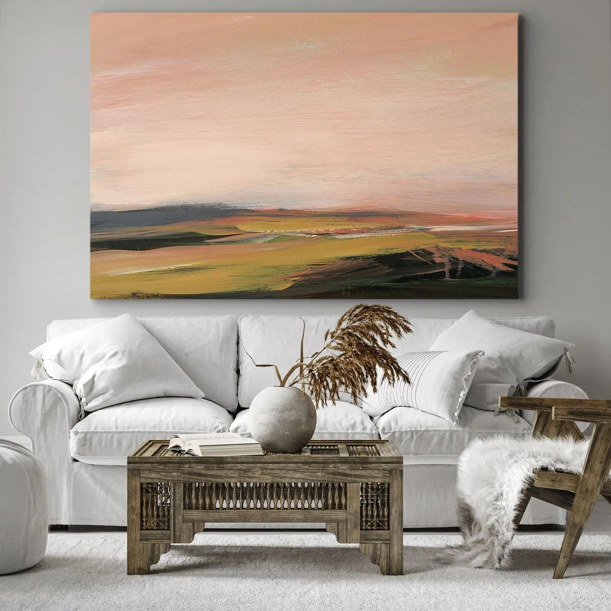 Schilderen op canvas - Een landschap in tinten roze en goud - 70x50cm - In roze tinten - Moderne wanddecoratie voor woonkamer en slaapkamer ARTTOR