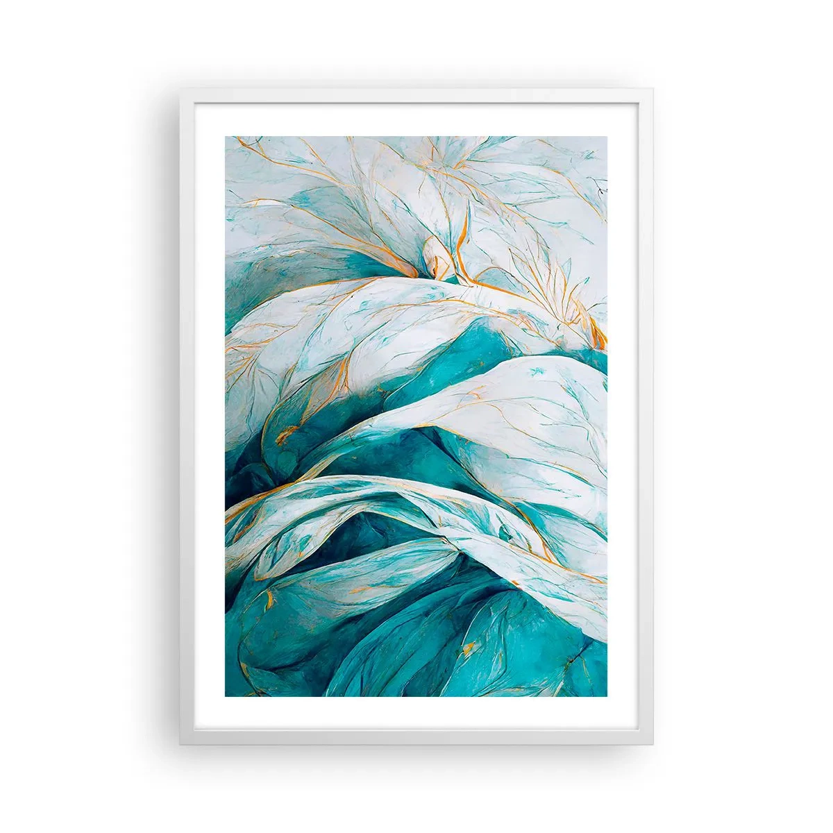 Poster in een witte lijst - Blauwe abstractie met een gouden motief - 50x70 cm