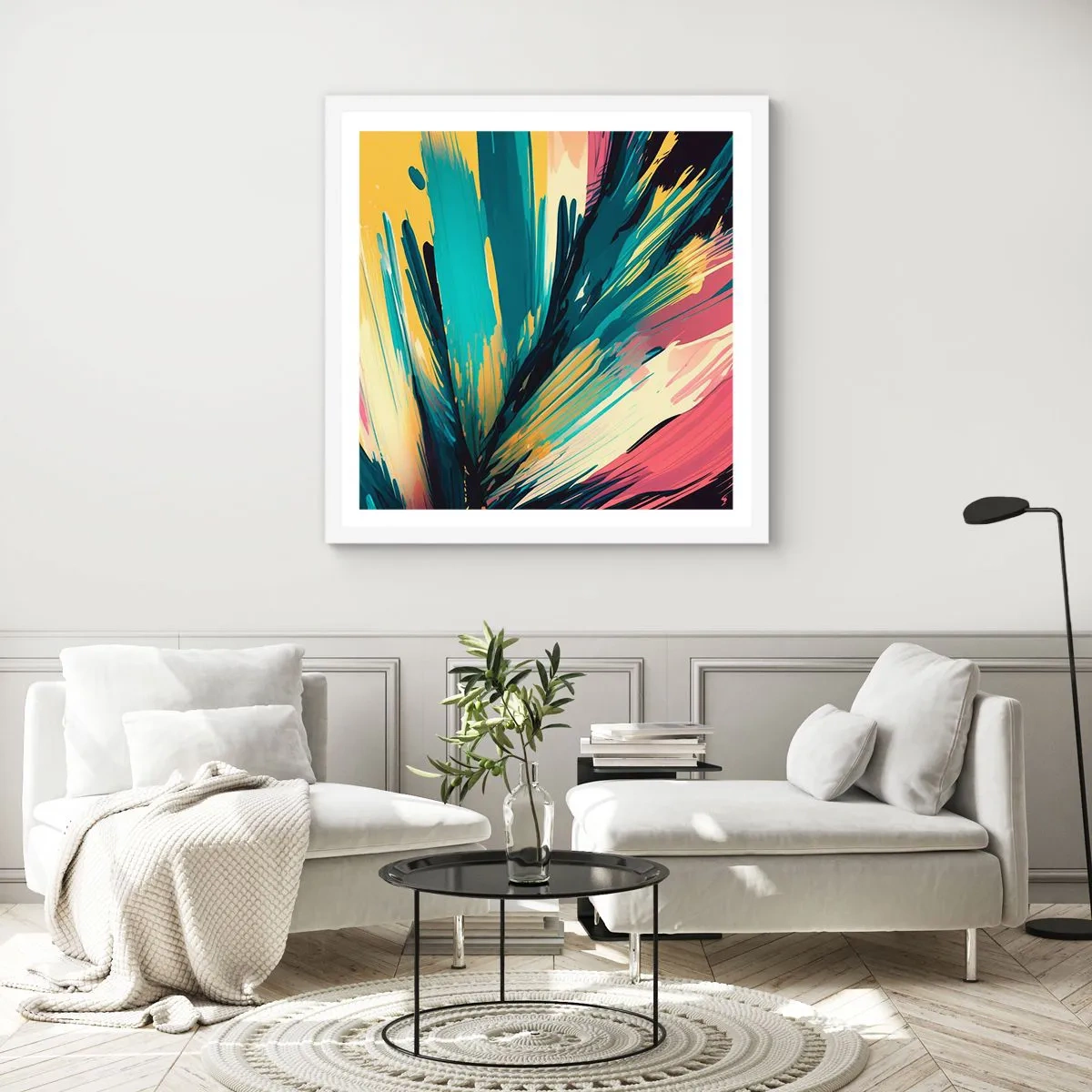Poster in een witte lijst - Compositie – een explosie van vreugde - 30x30 cm