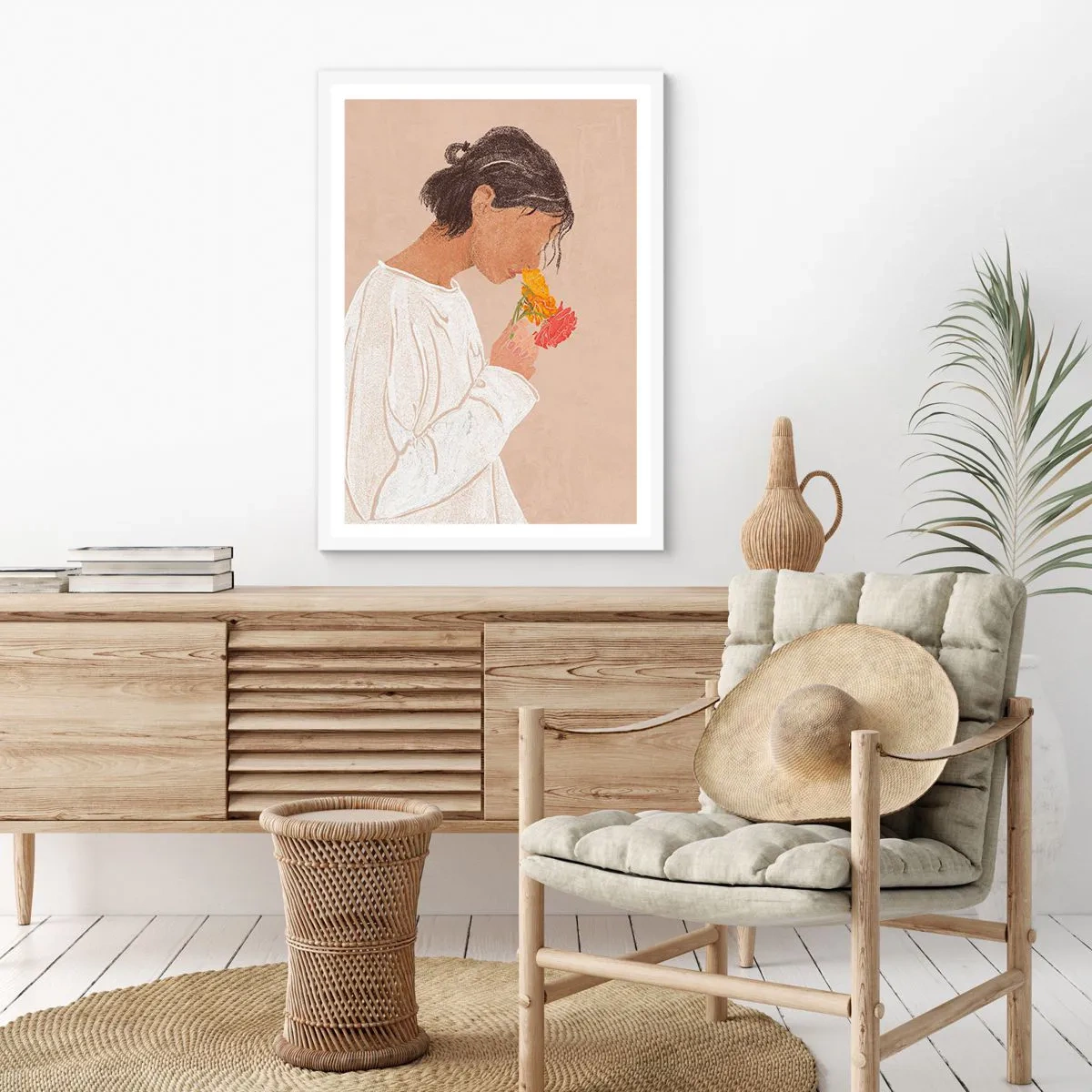 Poster in een witte lijst - Meisje en bloemen - 70x100 cm