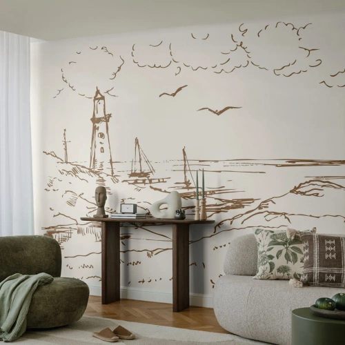 Fotobehang Standard Eco - Een overzicht van de herinneringen aan de zomer - Grafisch, Kust, Vuurtoren - 300x210 cm