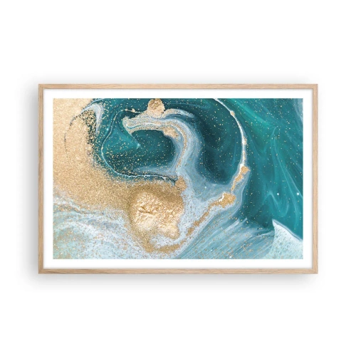 Een poster in een licht eiken lijst - Een werveling van goud en turkoois - 91x61 cm