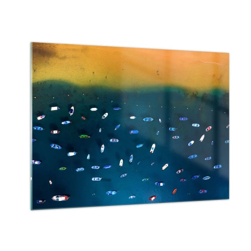 Schilderen op glas - Boten tegen de achtergrond van turquoise water en een gouden kust - 70x50cm - Vakantie spel - Moderne wanddecoratie voor woonkamer en slaapkamer ARTTOR