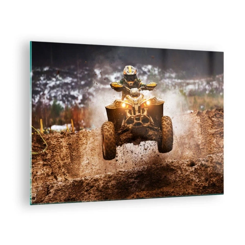 Schilderen op glas - Quad in actie op modderig terrein in een dynamische omgeving - 70x50cm - No risk no fun - Moderne wanddecoratie voor woonkamer en slaapkamer ARTTOR