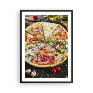 Poster in een zwarte lijst - Kleurrijke pizza verdeeld in verschillende stukken - 50x70cm - Een scala aan smaken - Moderne wanddecoratie voor woonkamer en slaapkamer ARTTOR