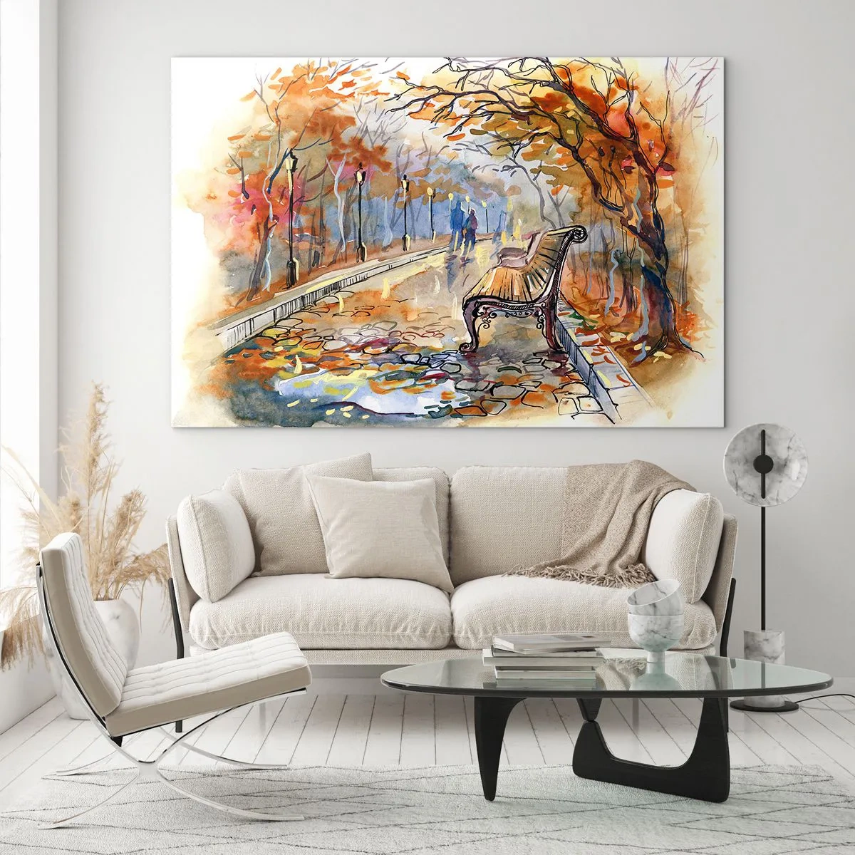 Schilderen op glas - Een herfststeegje met een bankje in artistieke aquarelstijl - 70x50cm - Samen wandelen in de herfst - Moderne wanddecoratie voor woonkamer en slaapkamer ARTTOR