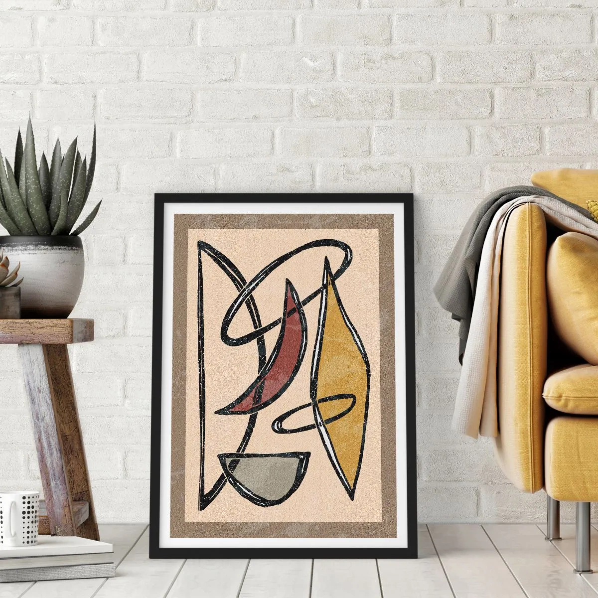 Poster in een zwarte lijst - Abstracte geometrische compositie in tinten beige en zwart - 50x70cm - Compositie – bogen en ovalen - Moderne wanddecoratie voor woonkamer en slaapkamer ARTTOR