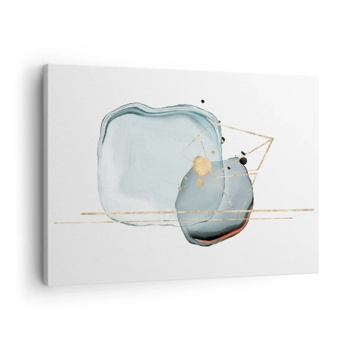 Schilderen op canvas - Abstracte vormen in tinten blauw en goud op een witte achtergrond - 70x50cm - Een studie van druppels - Moderne wanddecoratie voor woonkamer en slaapkamer ARTTOR