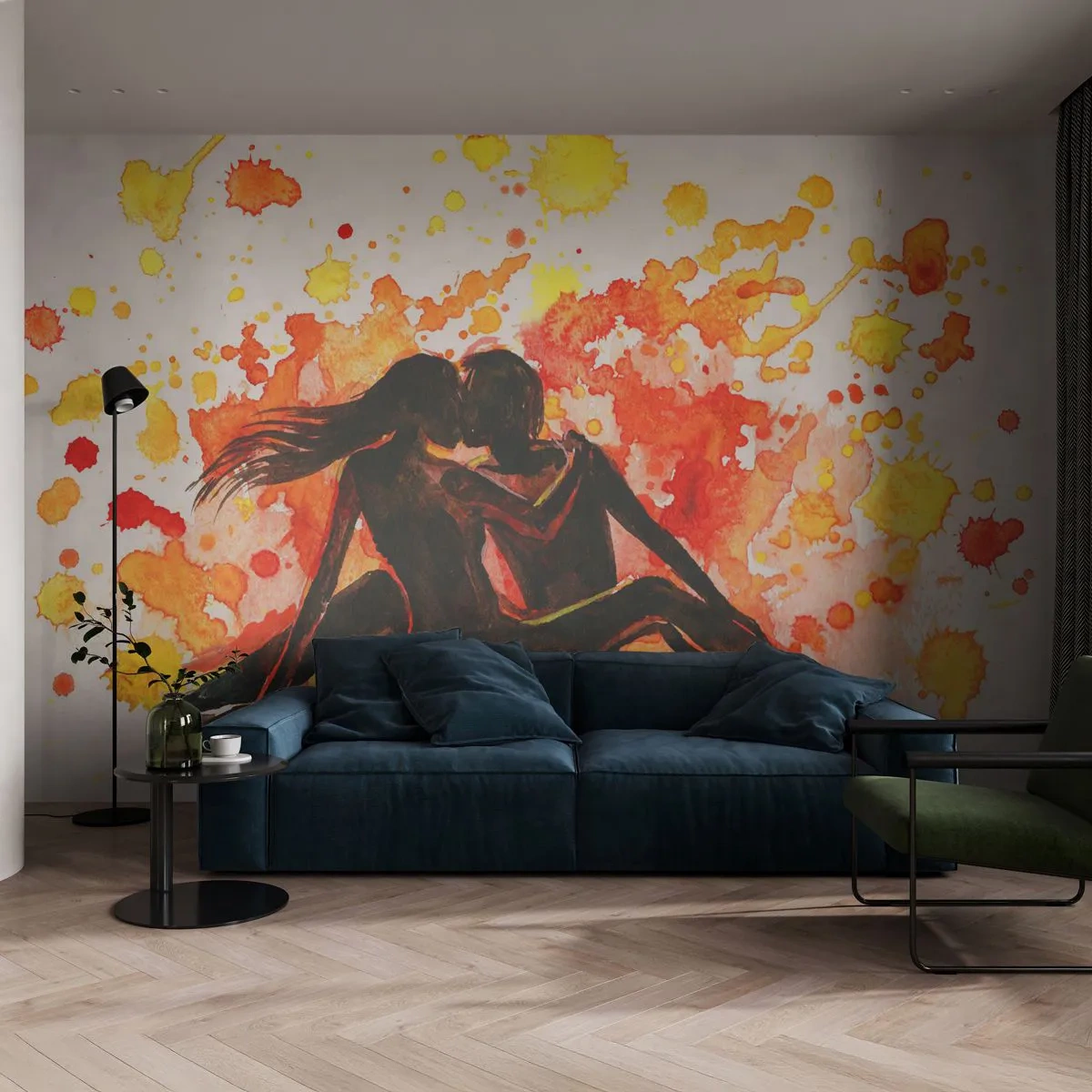 Fotobehang Standard Eco - Silhouetten van een verliefd stel in een aquarel explosie van kleuren - 100x70cm - En er was licht - Moderne wanddecoratie voor woonkamer en slaapkamer ARTTOR