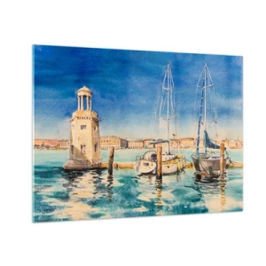 Schilderen op glas - Aquarel jachthaven met vuurtoren en aangemeerde jachten - 70x50cm - Zonnige lagune - Moderne wanddecoratie voor woonkamer en slaapkamer ARTTOR