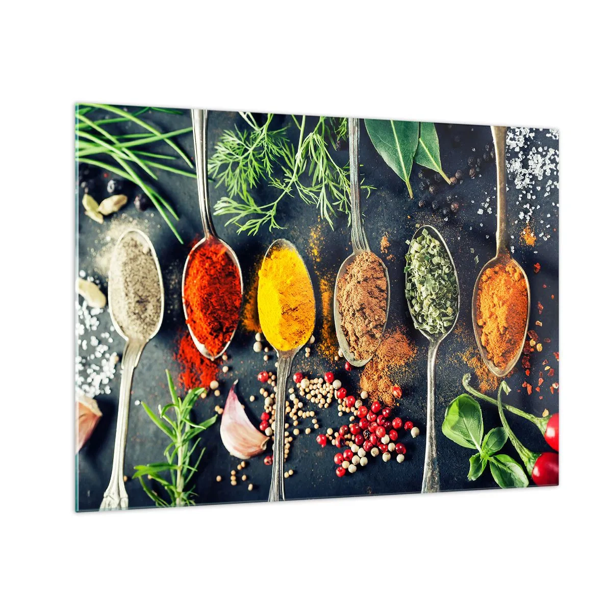 Schilderen op glas - Kleurrijke kruiden in lepels omringd door verse kruiden en groenten - 70x50cm - Culinaire magie - Moderne wanddecoratie voor woonkamer en slaapkamer ARTTOR