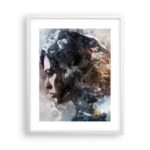 Poster in een witte lijst - Een verhaal over een meisje met een stad op de achtergrond - 40x50 cm