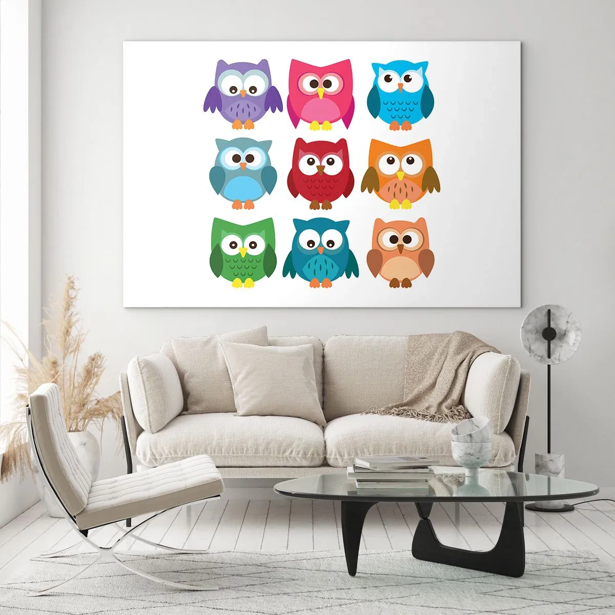 Schilderen op glas - Kleurrijke uilen in cartoonstijl op een witte achtergrond - 70x50cm - Anders zjn kan grappig zijn - Moderne wanddecoratie voor woonkamer en slaapkamer ARTTOR