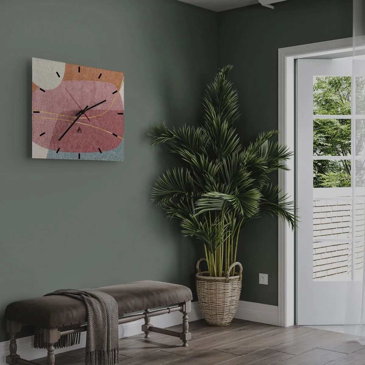 Wandklok - Klok - Pastelkleurcompositie met gouddraad - 30x30 cm