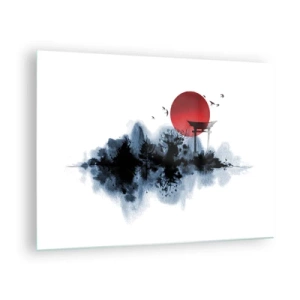 Schilderen op glas - Een minimalistisch landschap met een toriipoort en een rode zon. - 70x50cm - Japanse weergave - Moderne wanddecoratie voor woonkamer en slaapkamer ARTTOR