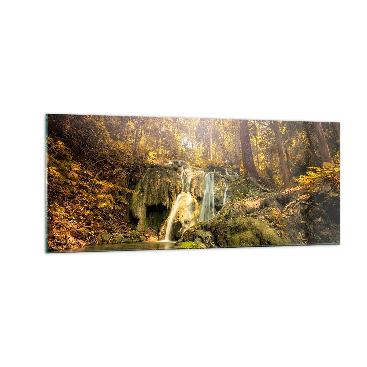 Schilderen op glas - Boscascade in het groen - 100x40 cm