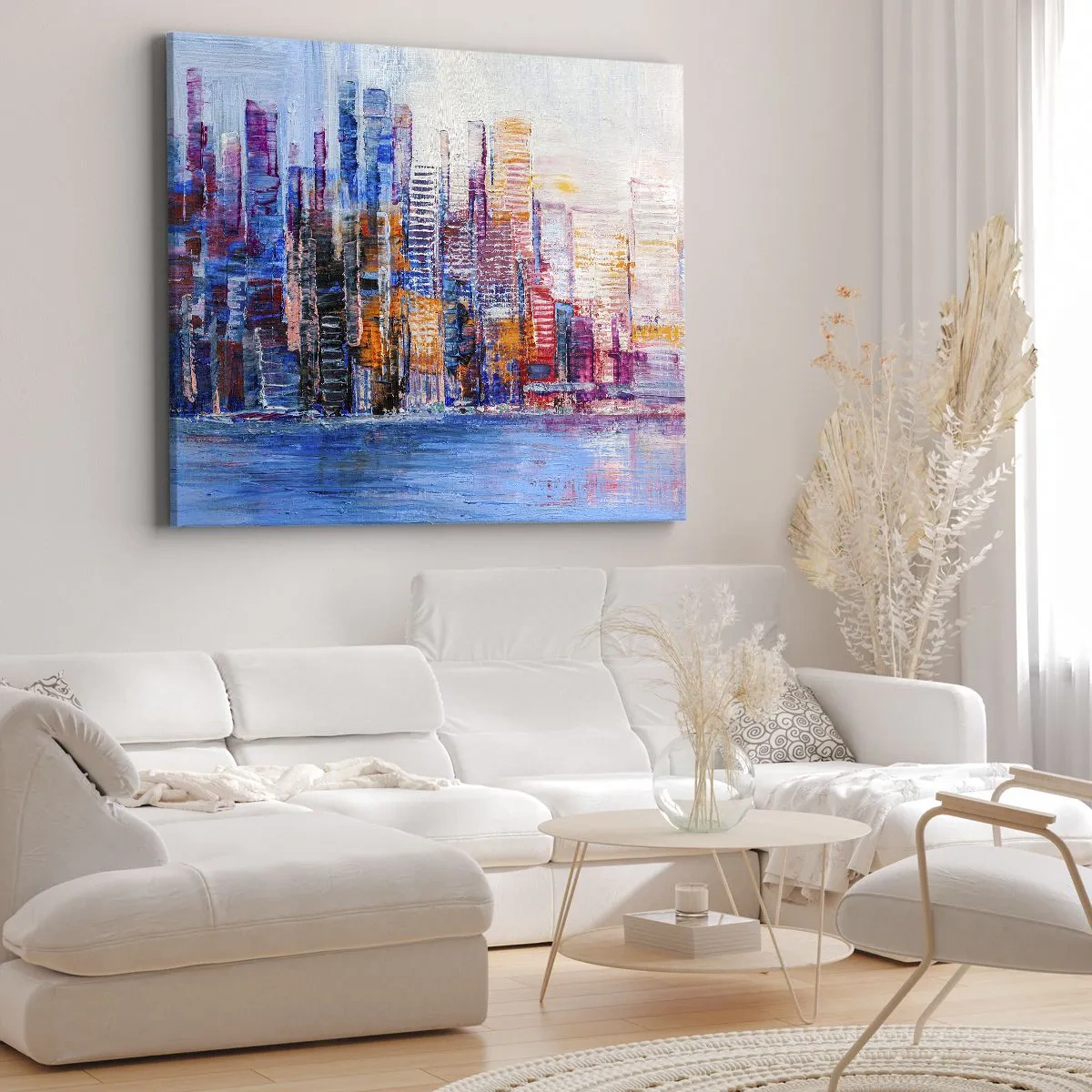 Schilderen op canvas - Een kleurrijk panorama van de stad met weerspiegelingen op het water - 70x50cm - Een vrolijke metropool - Moderne wanddecoratie voor woonkamer en slaapkamer ARTTOR