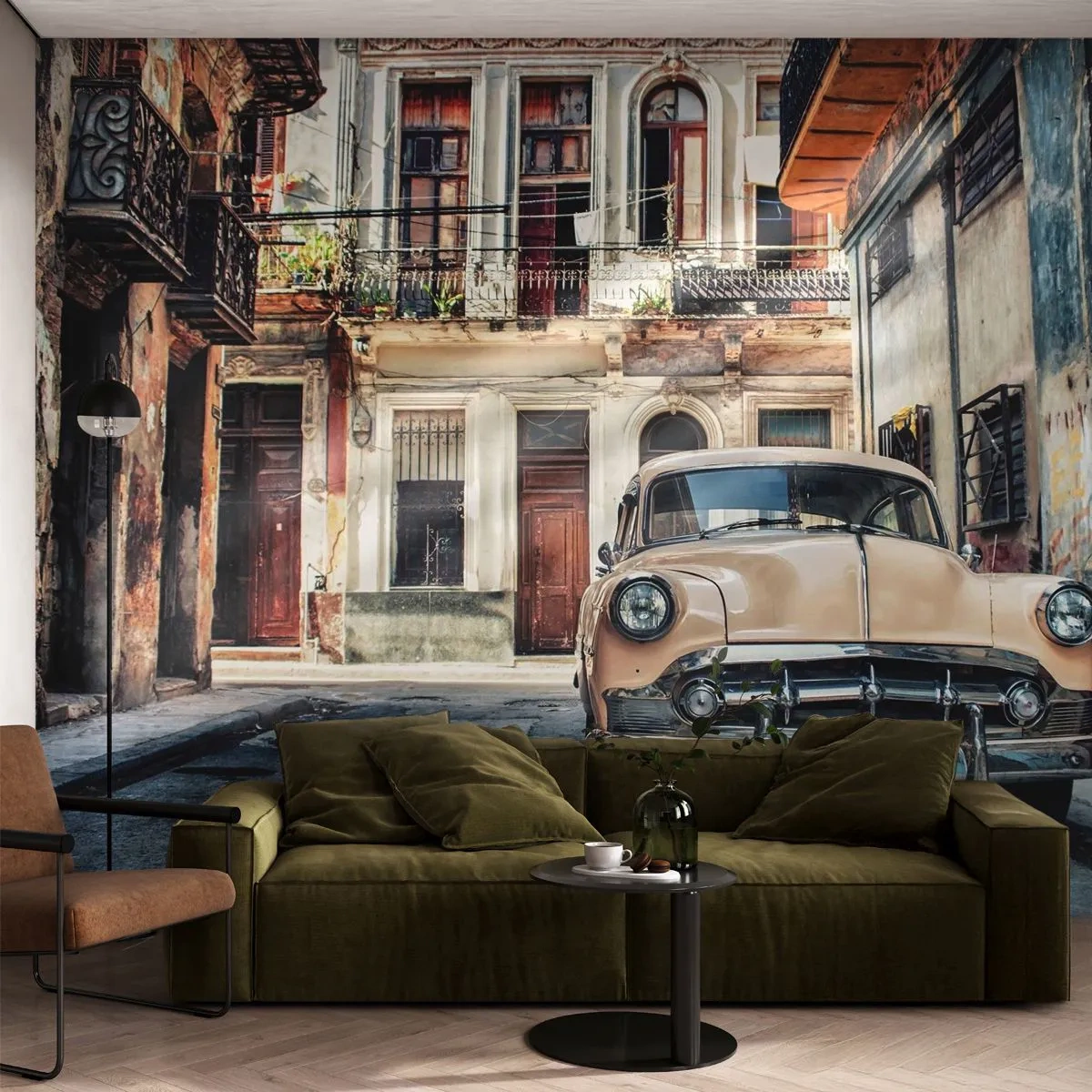 Fotobehang Premium Sand - De siësta in Havana - Vintage auto, Architectuur, Stad - 300x210 cm