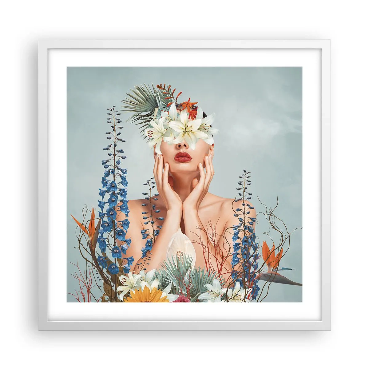 Poster in een witte lijst - Vrouw - bloem - 50x50 cm