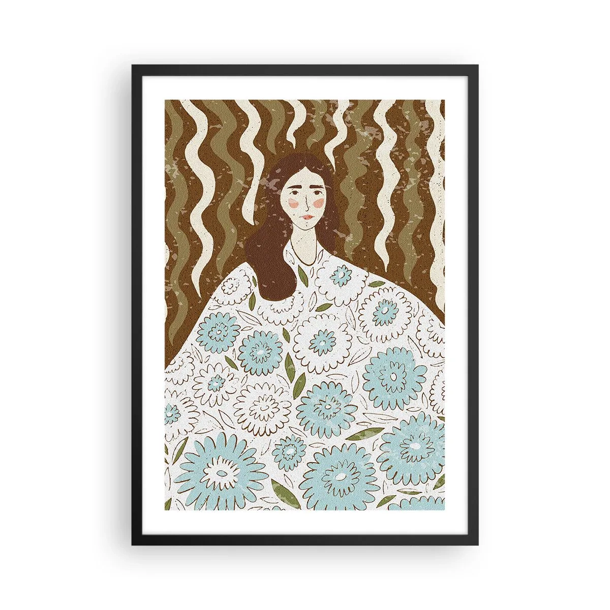 Poster in een zwarte lijst - Gestileerd portret van een vrouw in een bloemenjurk tegen een achtergrond van golvende patronen. - 50x70cm - Portret in een bloemengewaad - Moderne wanddecoratie voor woonkamer en slaapkamer ARTTOR